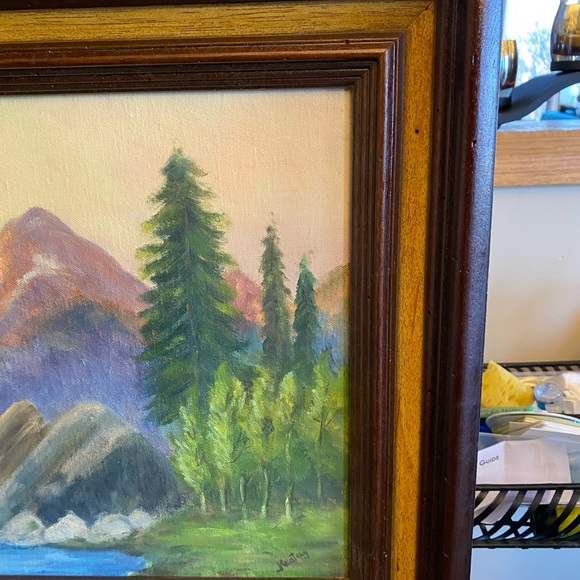 Central Oregon River and Mountains Scene Mid Century Oil Painting - Picture 3 of 7